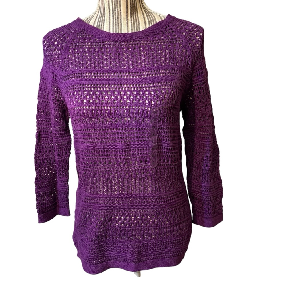 New LOFT Sweater Small Purple Crochet Knit 100% Cotton 3/4 Sleeve Crewneck Sheer